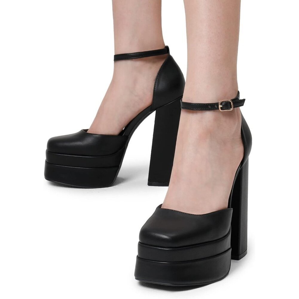 Dream Pairs Womens Black Faux Leather Closed Toe Chunky High Heels Platform - Picture 6 of 9